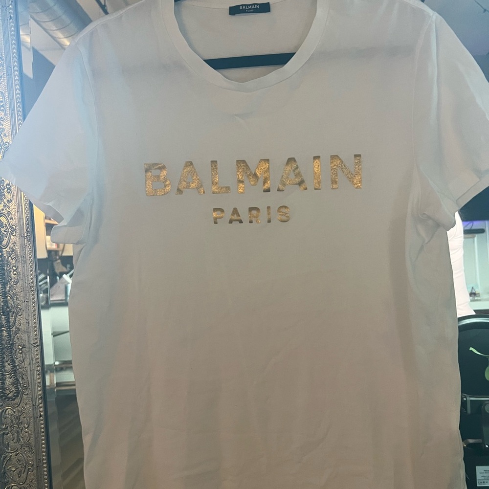 Balmain White T-Shirt with Gold Logo